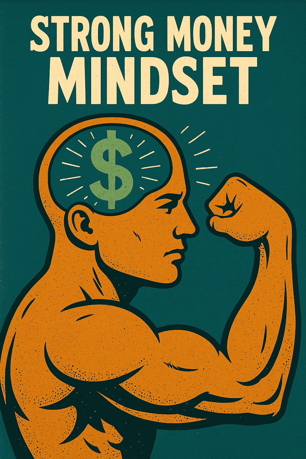 Illustration of a muscular man flexing his arm with a green dollar sign inside his brain, symbolizing a strong money mindset