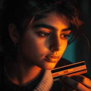 Young kid holding a credit card