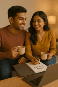 Indian couple planning finances together to build a positive money mindset