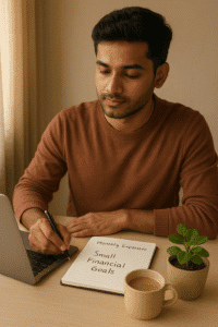 Indian man reviewing expenses and writing financial goals to build a money mindset