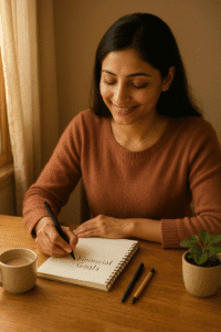 Indian woman writing financial goals in a notebook to build a money mindset