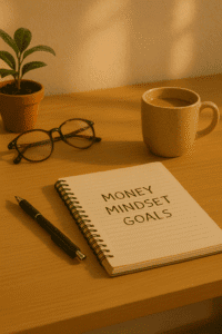 Calm home workspace with notebook titled Money Mindset Goals