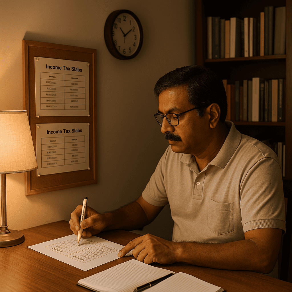 Indian man studying printed income tax slab charts in a home study room
