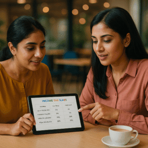 Indian woman discussing income tax slabs with a colleague using a tablet