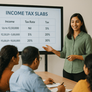 Indian financial educator teaching income tax slabs in a workshop