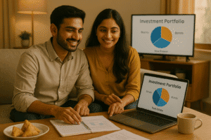 Indian couple discussing their first investment portfolio together