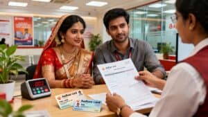 Indian couple opening a joint bank account at a branch