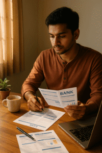 Indian man comparing bank account options at home
