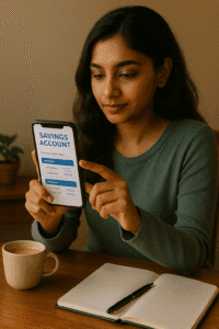 Indian woman comparing features in a mobile banking app