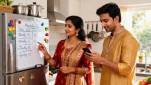 Newly married Indian couple planning monthly expenses in their kitchen